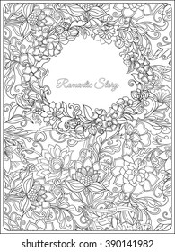 Adult coloring page with floral pattern and frame for text. Outline drawing. Vector illustration.