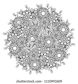 Adult coloring page with flowers pattern. Black and white doodle wreath. Floral mandala. Bouquet line art vector illustration isolated on white background. Round design element