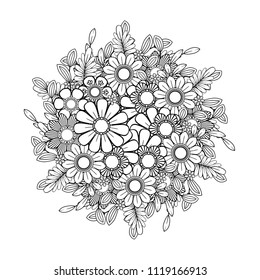 Adult coloring page with flowers pattern. Black and white doodle wreath. Floral mandala. Bouquet line art vector illustration isolated on white background. Round design element