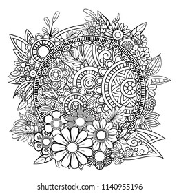 Adult coloring page with flowers pattern. Black and white doodle wreath. Floral mandala. Bouquet line art vector illustration isolated on white background. Round design element