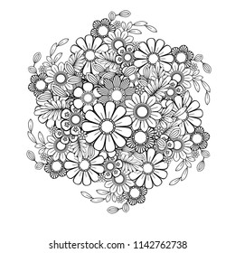 Adult coloring page with flowers pattern. Black and white doodle wreath. Floral mandala. Bouquet line art vector illustration isolated on white background. Round design element