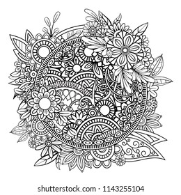 Adult coloring page with flowers pattern. Black and white doodle wreath. Floral mandala. Bouquet line art vector illustration isolated on white background. Round design element