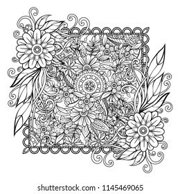 Adult coloring page with flowers pattern. Black and white doodle wreath. Floral mandala. Bouquet line art vector illustration isolated on white background.