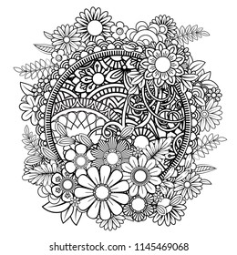 Adult coloring page with flowers pattern. Black and white doodle wreath. Floral mandala. Bouquet line art vector illustration isolated on white background. Round design element