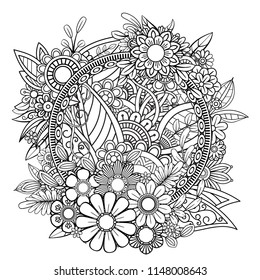 Adult coloring page with flowers pattern. Black and white doodle wreath. Floral mandala. Bouquet line art vector illustration isolated on white background. Round design element