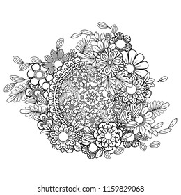 Adult coloring page with flowers pattern. Black and white doodle wreath. Floral mandala. Bouquet line art vector illustration isolated on white background. Round design element