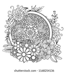 Adult coloring page with flowers pattern. Black and white doodle wreath. Floral mandala. Bouquet line art vector illustration isolated on white background. Round design element