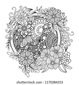 Adult coloring page with flowers pattern. Black and white doodle wreath. Floral mandala. Bouquet line art vector illustration isolated on white background. Round design element