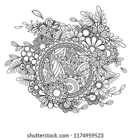 Adult coloring page with flowers pattern. Black and white doodle wreath. Floral mandala. Bouquet line art vector illustration isolated on white background. Round design element