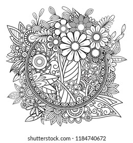 Adult coloring page with flowers pattern. Black and white doodle wreath. Floral mandala. Bouquet line art vector illustration isolated on white background. Round design element