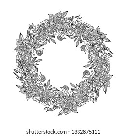 Adult coloring page with flowers pattern. Black and white doodle wreath. Floral mandala. Bouquet line art illustration isolated on white background. Round design element