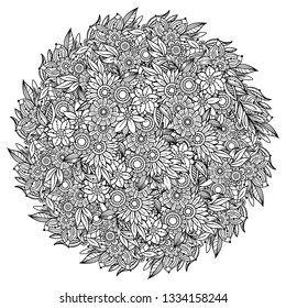 Adult coloring page with flowers pattern. Black and white doodle wreath. Floral mandala. Bouquet line art illustration isolated on white background. Round design element