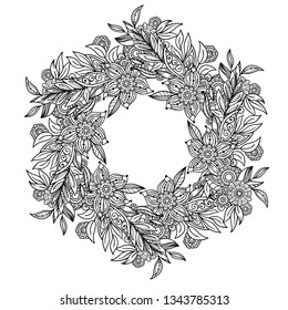 Adult coloring page with flowers pattern. Black and white doodle wreath. Floral mandala. Bouquet line art illustration isolated on white background. Round design element