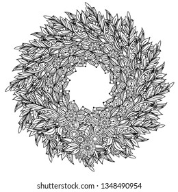 Adult coloring page with flowers pattern. Black and white doodle wreath. Floral mandala. Bouquet line art illustration isolated on white background. Round design element