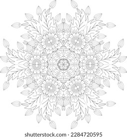 Adult coloring page with flowers pattern. Black and white doodle wreath. Floral mandala. Doodle ornament. Outline hand draw vector illustration. Flower Mandalas. Vintage decorative elements.