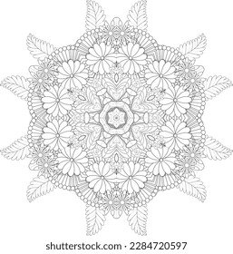 Adult coloring page with flowers pattern. Black and white doodle wreath. Floral mandala. Doodle ornament. Outline hand draw vector illustration. Flower Mandalas. Vintage decorative elements.