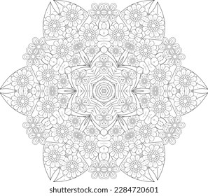 Adult coloring page with flowers pattern. Black and white doodle wreath. Floral mandala. Doodle ornament. Outline hand draw vector illustration. Flower Mandalas. Vintage decorative elements.