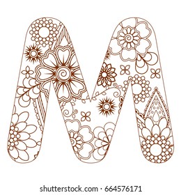 Adult coloring page with letter M of the alphabet. Ornamental font