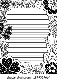 Adult Coloring Page with Lines for Writing with Floral Border of Polka Dots and Butterflies
