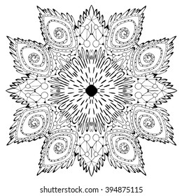 Adult coloring page mandala design vector art in black and white abstract kaleidoscope with spirals