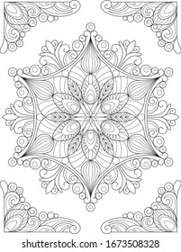 Adult coloring page mandala. Floral design, black lines on white background.