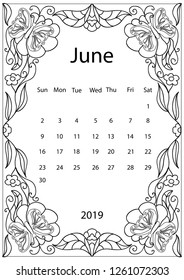 Adult coloring page with monthly calendar of 2019 year isolated on white background drawing doodles frame 