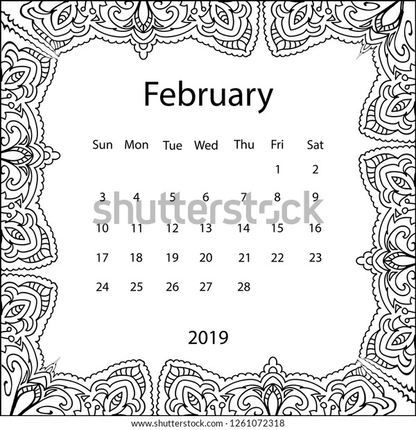 Adult Coloring Page Monthly Calendar 2019 Stock Vector Royalty Free 1261072318