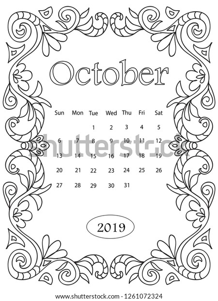 Adult Coloring Page Monthly Calendar 2019 Stock Vector Royalty Free 1261072324