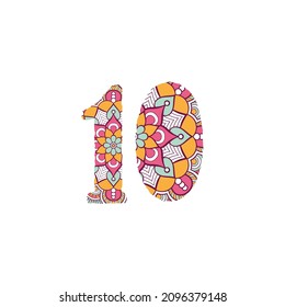 Adult coloring page with number 10. Empty linear contour isolated on white background. Coloring vector illustration for coloring in the Zentangle style.