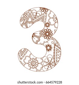 Adult coloring page with number 3. Ornamental font.
