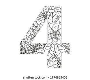 Adult coloring page with number 4. Ornamental font svg