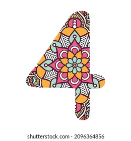 Adult coloring page with number 4. Empty linear contour isolated on white background. Coloring vector illustration in the Zentangle style. svg