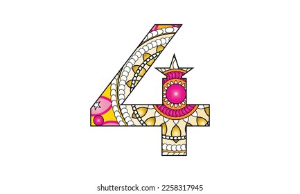 Adult coloring page with number 4. Ornamental font. svg