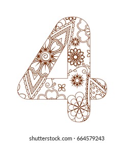 Adult coloring page with number 4. Ornamental font. svg