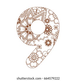 Adult coloring page with number 9. Ornamental font.