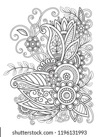 Adult coloring page with oriental floral pattern. Black and white doodle flowers. Bouquet line art vector illustration isolated on white background. Mehndi vector design