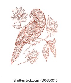Adult coloring page with parrot. Line art. Fantasy flowers. Vector illustration. T-shirt print.