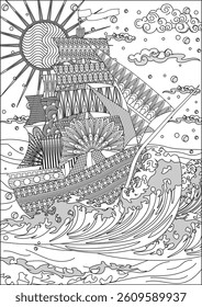 Adult Coloring Page Pirate Ship In Sea Waves Black And White Vector