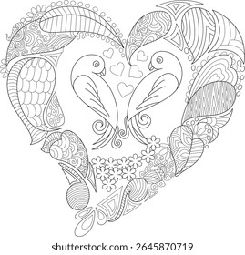 Adult Coloring Page: Romantic Love Birds in a Heart Shape with Intricate Zentangle Style Patterns, Flowers, and Ornate Designs - Black and White Line Art for Relaxation and Mindfulness.
