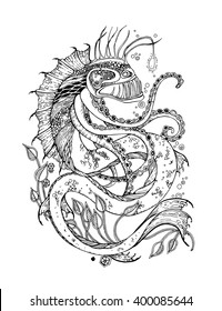 Adult Coloring Page with sea monster. Vector eps 10 format.