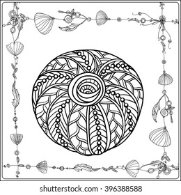 Adult coloring page with sea shells in boho style. Outline drawing. Vector illustration.