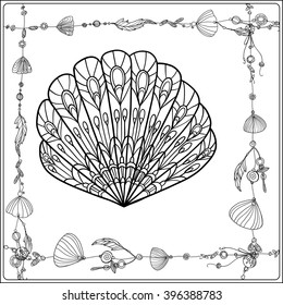 Adult coloring page with sea shells in boho style. Outline drawing. Vector illustration.