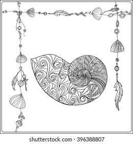 Adult coloring page with sea shells in boho style. Outline drawing. Vector illustration.
