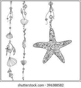 Adult coloring page with sea star and sea shells in boho style. Outline drawing. Vector illustration.