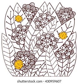 Adult coloring page Soft intricate floral pattern with ladybug. Whimsical line art vector illustration for Antistress colouring book. Brown outline.