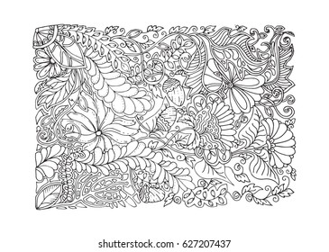 Adult coloring page spring design, black and white color, antistress calming pattern, monochrome vector illustration in zentangle style art