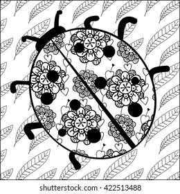 Adult coloring page. Vector doodle ladybug in black and white. Soft whimsical pattern.