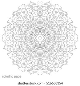 Adult coloring page. Vector illustration for creative yoga. Circular mandala ornament in ethnic style. Hand drawing black and white.