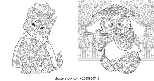 Adult coloring pages. Cat in crown and panda bear. Line art design for antistress colouring book in zentangle style. Vector illustration. 