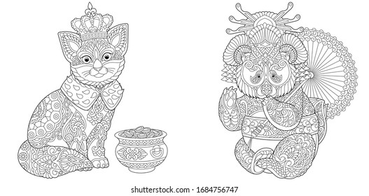 Adult coloring pages. Cat in crown as a king. Panda bear in geisha costume. Line art design for antistress colouring book in zentangle style. Vector illustration.